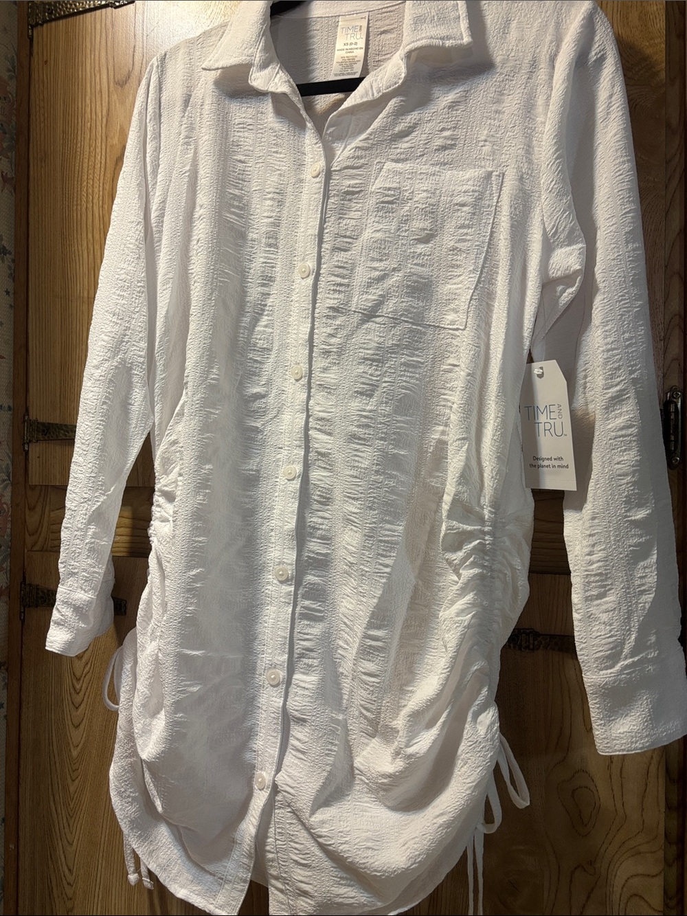 White beach cover up set button up shirt and matching pants